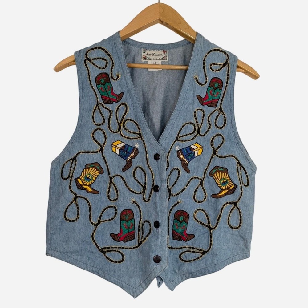 New Directions Vintage Denim Cowboy Boot Lasso Embroidered Vest Blue Medium